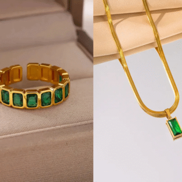 18K Gold Plated Geometric Pendant + Ring – Copper Geometric Rectangle Open Ring