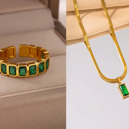 18K Gold Plated Geometric Pendant + Ring – Copper Geometric Rectangle Open Ring