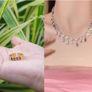 Rainbow Tassel Necklace + Copper Geometric Rectangle Open Rings